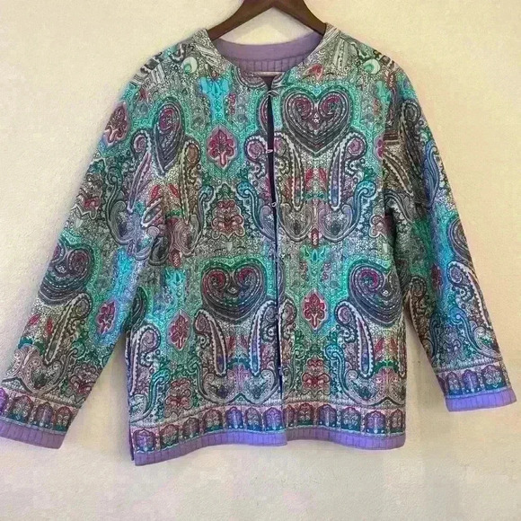 VTG Women’s Sz L Orvis Floral Reversible Quilted‎ Button Front Kimono Jacket - Picture 1 of 12